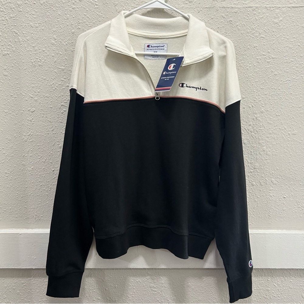 Champion Black and Ivory Quarter Campus French Terry Pullover NWT M